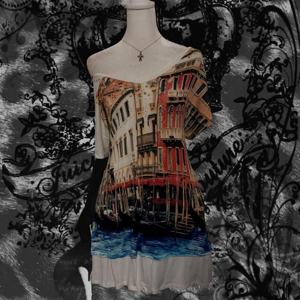 peach blush brown dreamy venice-inspired scenic print embellished euro y2k top